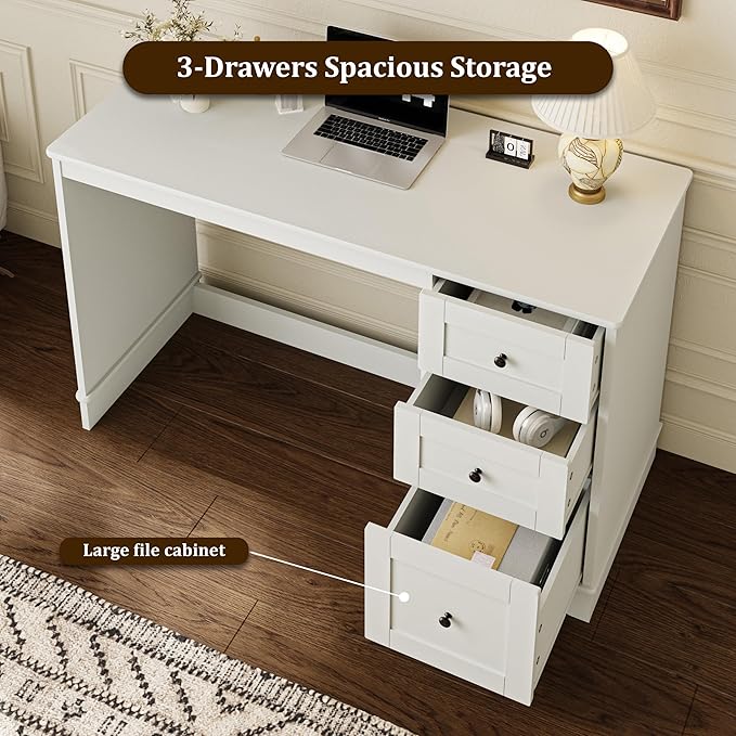 48”White Computer Desk with 3 Drawers Modern Office Desk with Storage Small Writing Desk for Bedroom Living Room Office