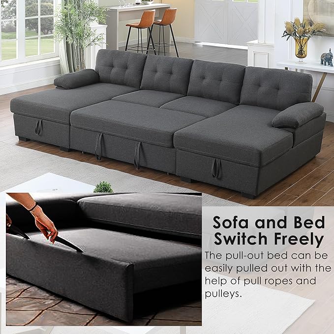 BEEY Sectional Sleeper Sofa 120 Oversized Couch Bed 4 Seat Sofa Bed U Shaped Sectional Couch with Pull Out Bed and Double Storage Chaise for Living Room Bedroom Dark Grey