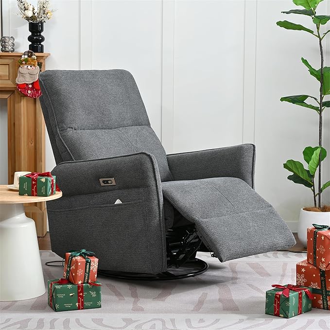 270° Power Swivel Rocker Recliner Chair for Adults – Electric Reclining Small Sofa Chair with Smooth Rocking &amp Rotation Comfortable Single Recliner for Living Room Bedroom (Dark Gray)