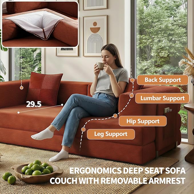 78.8 Convertible Sofa Bed with Armrest Pillow 4-in-1 Sleeper Couch Bed for Livingroom Modular Corduroy Boneless couches No Assembly (Orange)