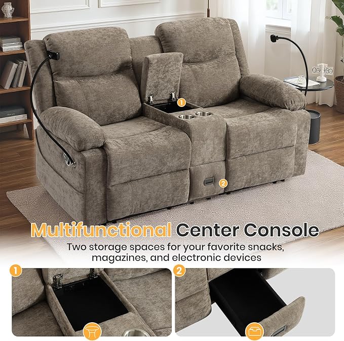 Loveseat Recliner Sofa Reclining Loveseat with Console RV Wall Hugger Double Loveseat Recliner Couch for Living Room &amp Home Theater (Chenille-Camel)
