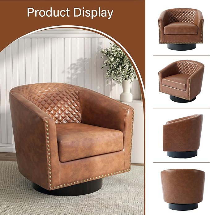 Pia Ricco Faux Leather Swivel Barrel Accent Chairs 360° Swivel Round Single Sofa Chair Comfy Upholstered Club Armchair with Nailhead Trim for Living Room/Reading Room/Bedroom Brown