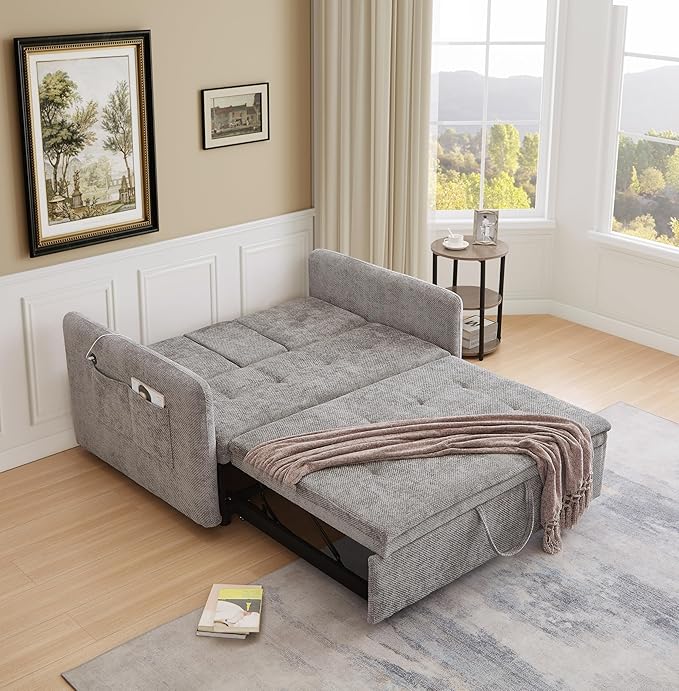 57.48 Convertible Sofa Bed with Cup Holder Pull Out Sleeper Sofa Bed with USB Charging Ports 3 in 1 Convertible Sleeper Sofa Bed for Living Room Apartment Bedroom RV Grey