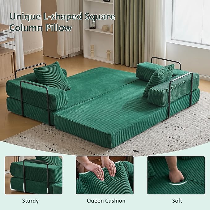Convertible Sleeper Sofa Bed Compression Folding Sofa with Pillow No Assembly Required Shape Frame Floor Sofas Lounge Couch for Living Room Bedroom Small Spaces(Corduroy 77''W Dark Green)