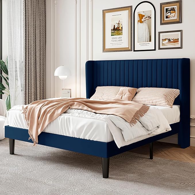 SHA CERLIN Queen Size Velvet Bed Frame with Vertical Channel Tufted Wingback Headboard Upholstered Platform Bed with Wood Slats No Box Spring Needed Easy Assembly Blue