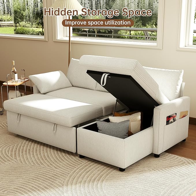 Sofa Bed 80'' L Shape Corduroy Sleeper Sofa Couch with Pullout Bed and Storage Chaise for Living Room Apartment and Sunroom Beige