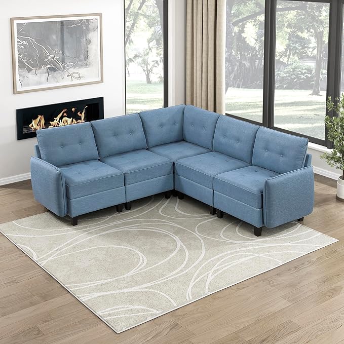 Lexicon L Shape Sectional Couch with Hidden Storage Textured Fabric Modular Sectional Sofa with Button-Tufted Design Reversible Back Cushion 5 Seater Large Sofa Blue