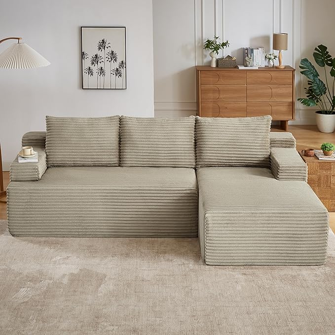 Modern Corduroy Modular Sectional Sofa96.1 Minimalist Style L-Shaped 3 Seat Couch with Side Storage PocketsComfortable Chaise Lounge for Living RoomReception AreaCamel Right Chaise Lounge