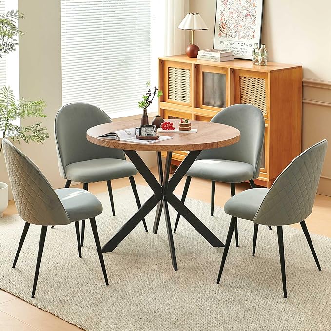 Dining Table Set for 4 Modern Mid-Century Compact Kitchen Table with Chairs Set 37-in Round Breakfast Nook Dinner Table Set with Upholstered Dining Side Chairs for Dining Room Grey