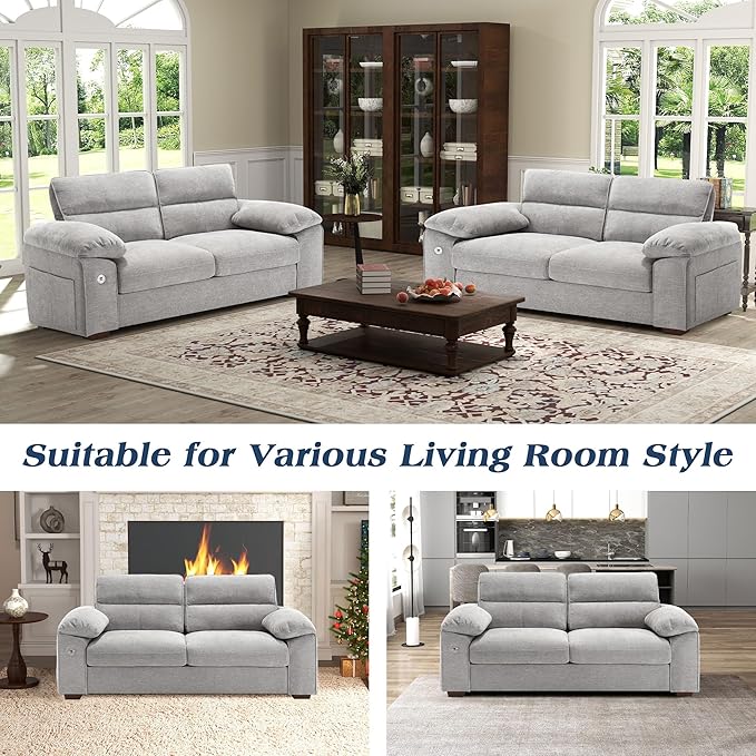 WorthFurni Sofas for Living Room Chenille Pillow-Armrest Loveseat Couch Set Small Sofa 3 Seater Sofa USB Charging Removable Sofa Cover Solid Wood Frame Easy to Install (71.5 inch Grey)