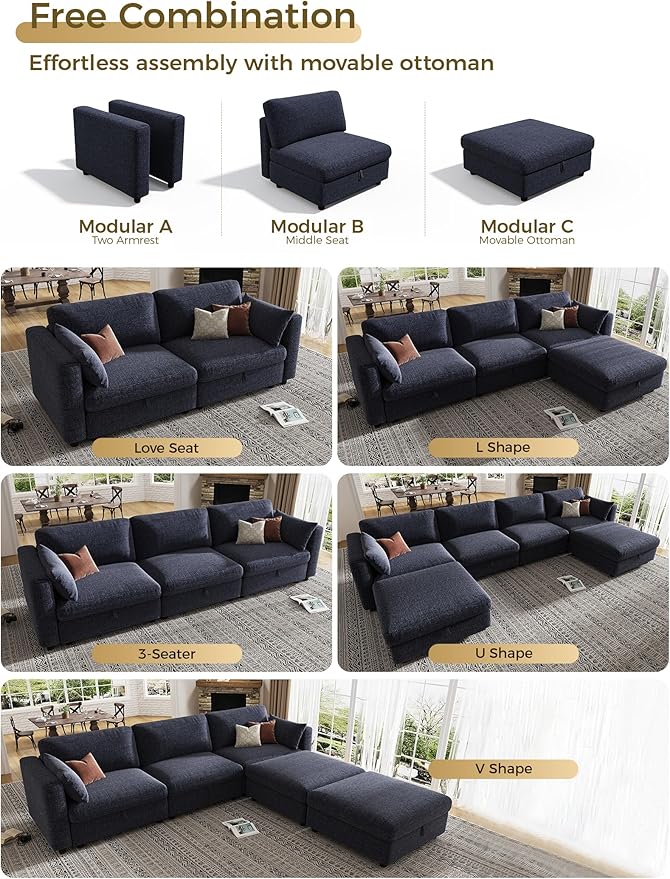 KKL Oversize Modular Sectional Sofa Couches for Living Room 113 L Shaped Sofa with Adjustable Backrest Couch Down Filled Sectional Sofa with Storage Ottoman Chenille Blue
