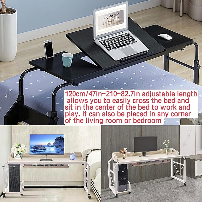 83 in-Lenght Height Adjustable Standing Desk Rolling Laptop Computer Desk with Wheels Storage Cabinets Mobile Computer Table Bed Desk Rising Table Writing Work Station for Home Office Study