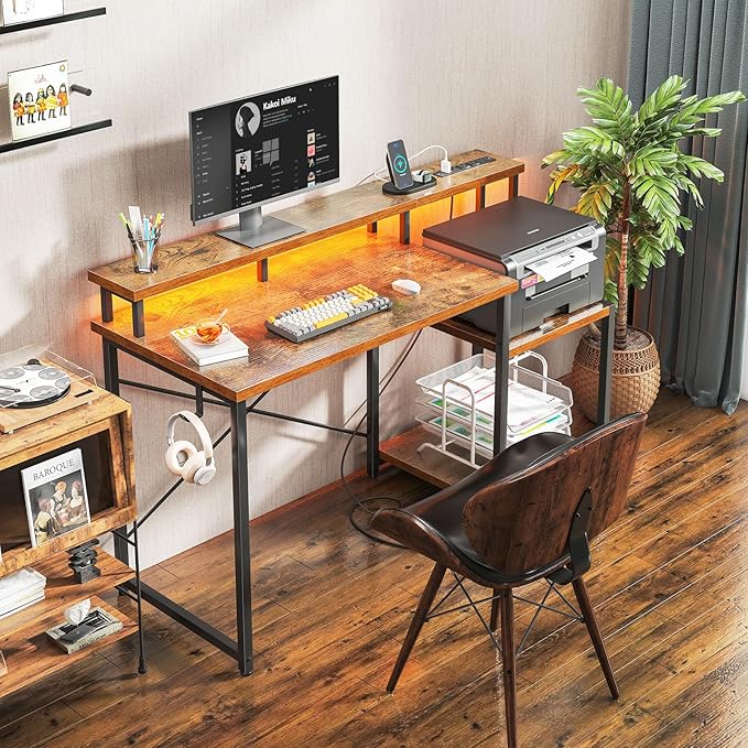 AODK Computer Desk 48 Inch Gaming Desk with Led Lights &amp Power Outlet Office Desk with Storage Shelves Reversible Desk with Monitor Shelf &amp Headphone Hook Rustic Brown