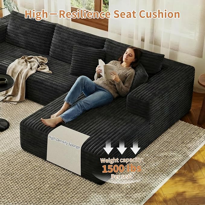 107 Modular Sectional Couches for Living Room Comfy L-Shaped Boneless Cloud Couch with Chaise Modern Deep Seat Corduroy Floor Sofa No Assembly Required (Right Facing Chaise Black) | High-density