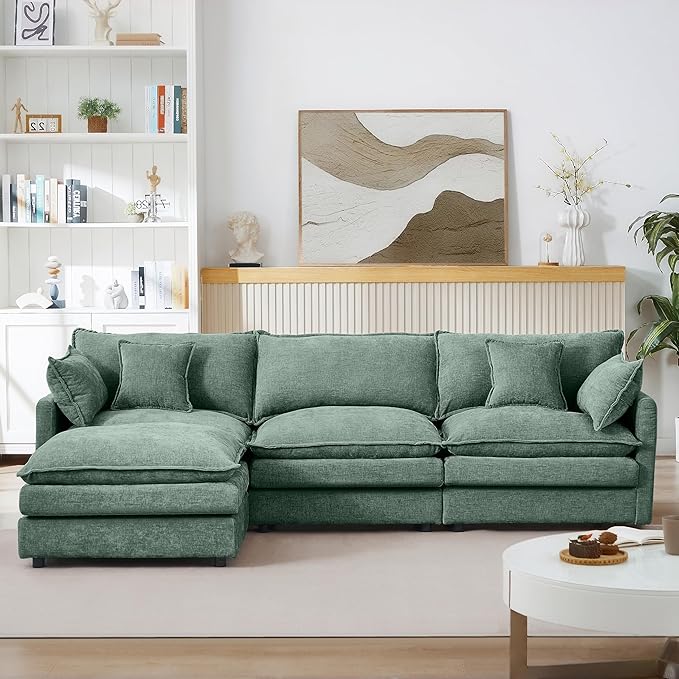 102 Modular Sectional Sofa L Shaped Cloud Couch with Movable Ottoman Comfy Chenille Deep Seat Sofa with Throw Pillows 3-Seater Cloud Couches for Living Room Apartment