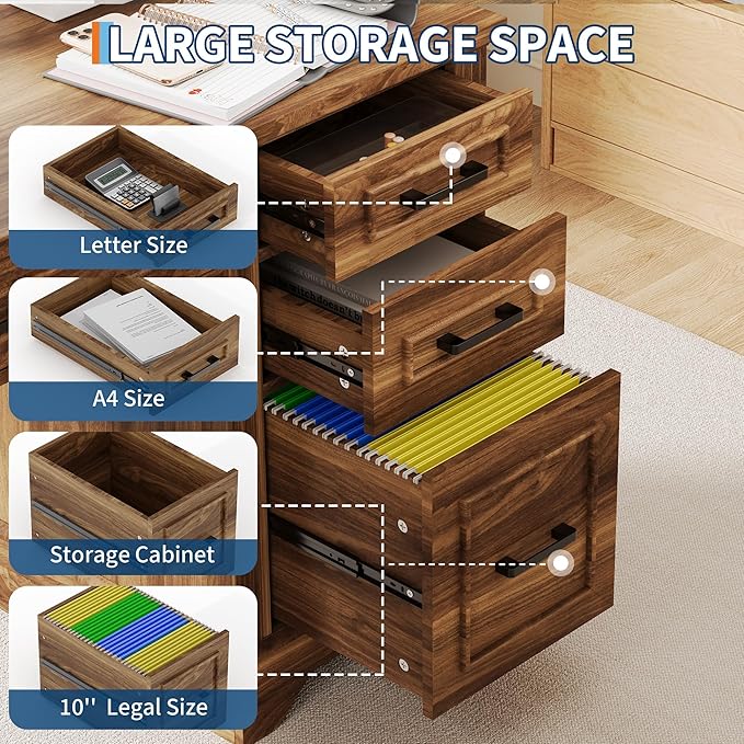 Garvee Farmhouse Executive Office Desk Set – 58 Spacious Wooden Computer Table with Keyboard Tray File Cabinet Storage Drawers – Ideal for Home Office Bedroom or Living Room – Wood Color