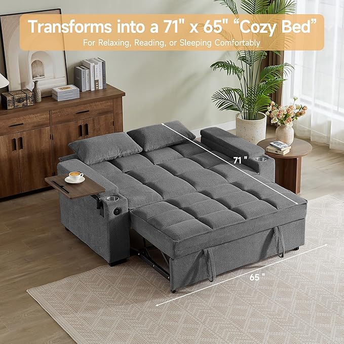 65'' Convertible Sleeper Sofa BedExtra Thick Cushion Polka dot Velvet Pull Out Futon Couch with Storage handrails &amp Rotating Side TablesConvertible Sofa Couch for Living RoomRV (07S-dark gray)