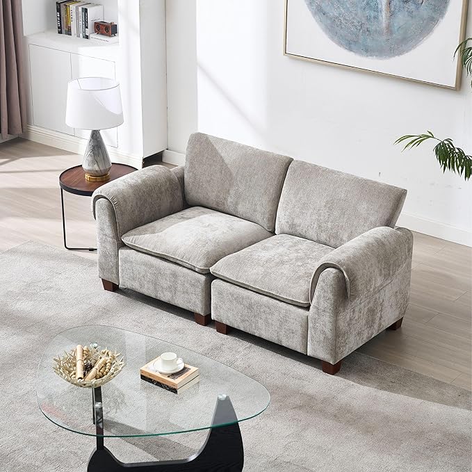 69 Inch Loveseat Sofa 2 Seater Small Sectional Couch Cozy Cloud Chenille Fabric Modular Sectional Love Seat Sofa Couch for Living Room/Apartment Grey