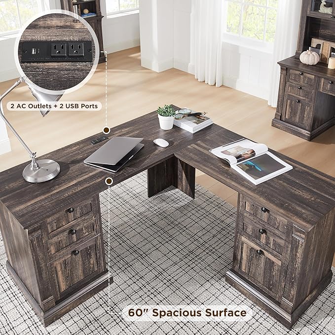 OKD 60 L Shaped Executive Desk with Drawers Farmhouse Home Office Desk with Charging Station File Cabinet Storage Wood Corner Computer Desk for Work and Study Dark Rustic Oak