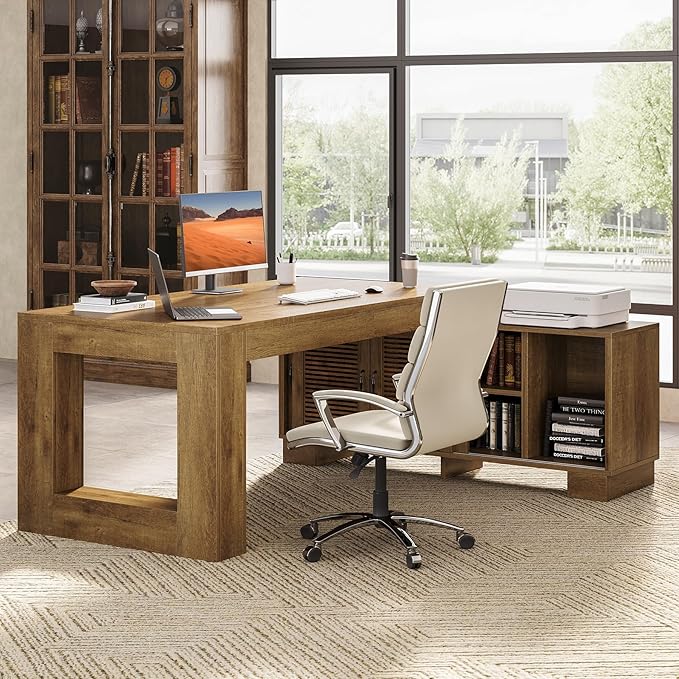 LITTLE TREE 63 L Shaped Executive Desk with Storage Farmhouse Home Office Desk with 2-Tier Cabinets and Shelves Large Wooden Computer Table Business Furniture Workstation Set Brown