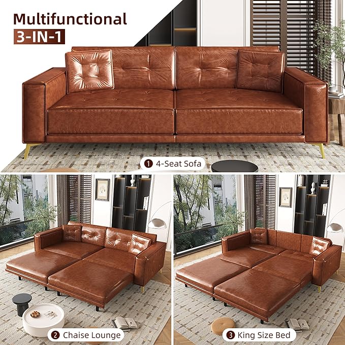 92.1'' King Pull Out Sofa Bed Convertible Futon Couch 3-in-1 Faux Leather Sleeper Sofa with Tufted Back 2 Pillows Gold Legs Deep Folding Loveseat for Living Room Apartment Light Brown