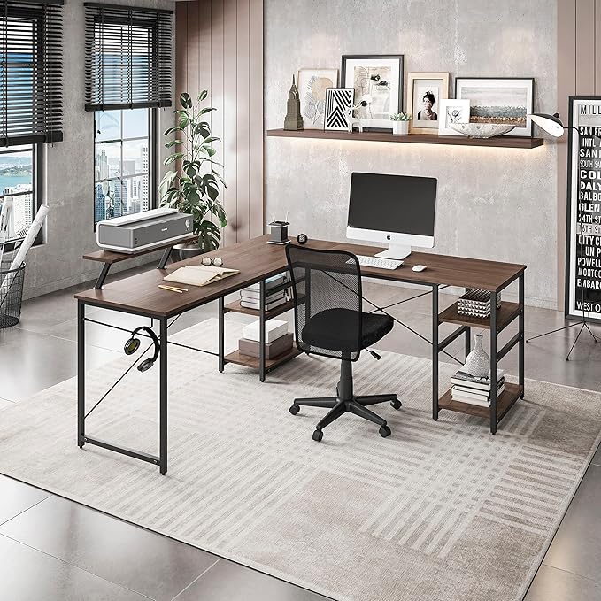 Techni Mobili Office Desk - Reversible L Shaped Desk with Storage Shelves Monitor Stand &amp Accessory Holder - Ergonomic &amp Industrial Workstation Corner Table with Durable Steel Frame Walnut
