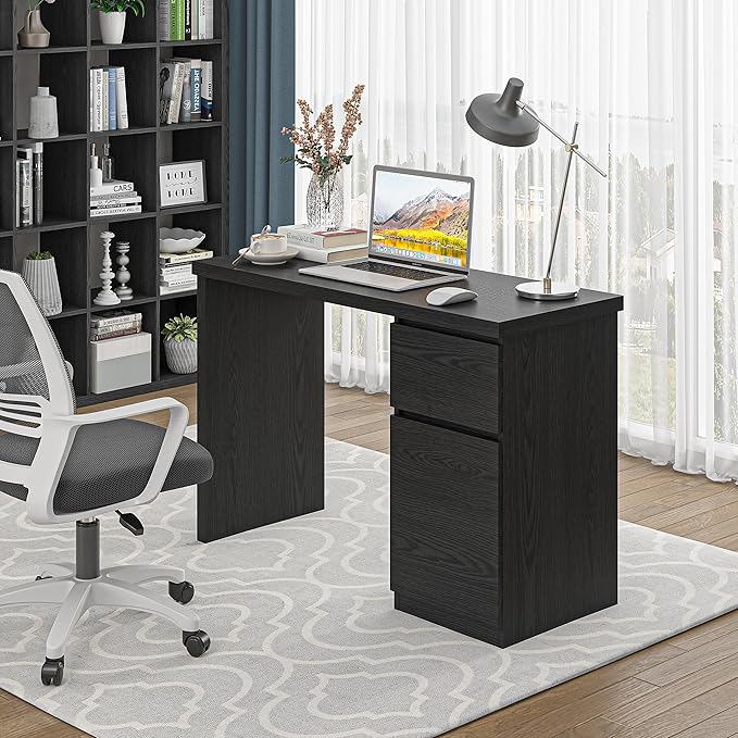 furtble Computer Desk with Drawers 43 Inch Wood Work Desk Home Office PC Desk Workstation with Storage Modern Computer Table for Bedroom Living Room Black