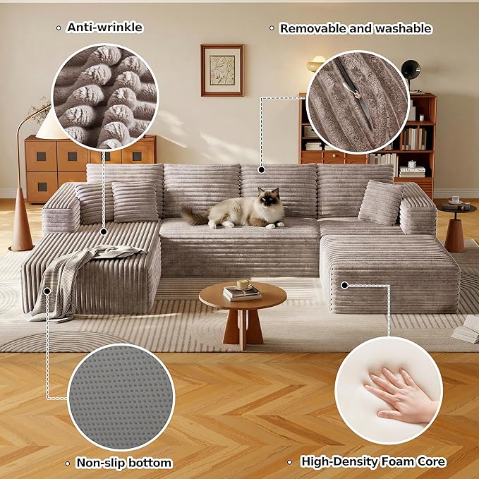 134.6 Modular Sectional Sofa with Deep Seat Boneless U Shaped Corduroy Couch Modern Comfort Cloud Couch Oversized for Living Room No Assembly (Camel)