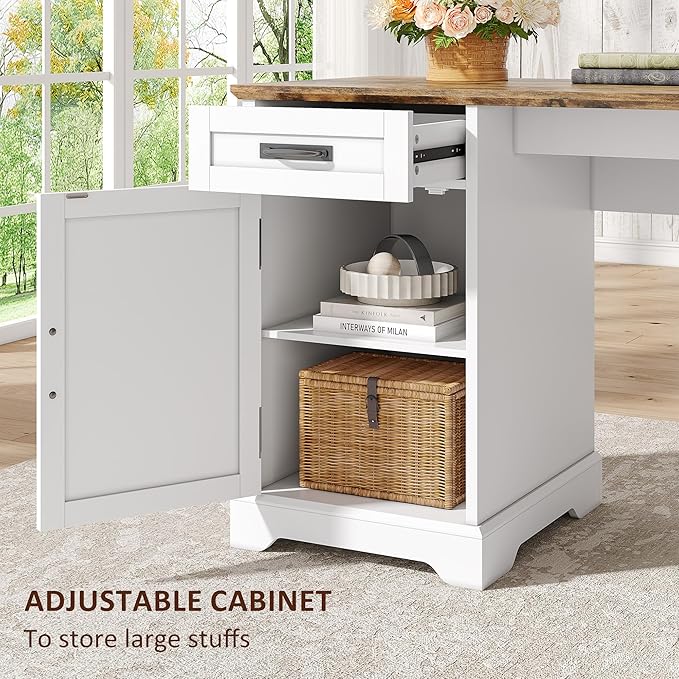 Whalefall Farmhouse L Shaped Desk with Drawers 67 Inch Executive Home Office Desk with File Cabinet Computer Corner Desk with Charging Station White