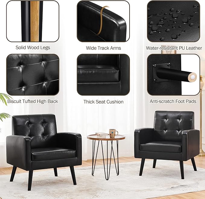Topeakmart Mid Century Accent Chair Modern and Cozy PU Leather Barrel Sofa Chair with Thick Cushion and Sturdy Wood Legs for Living Room/Bed Room/Office Waiting Area Black