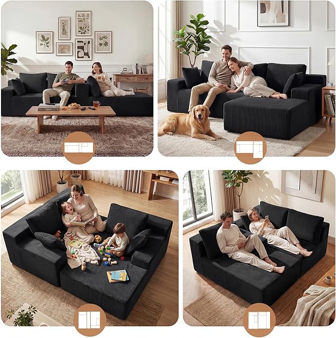 Cloud Sectional Boneless Couches for Living Room Modular L Shaped Couch with Deep Seat Oversized Right Facing Chaise Memory Foam Compressed Spineless Sofa for Bedroom Fine-Striped Black | Washable