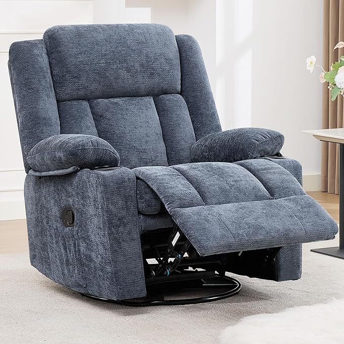 Swivel Rocker Recliner for Adults Manual Lazy Boy Recliner Chair with Cup Holders 360 Degree Rotating Nursery Rocking Chair Glider Recliner for Living Room (Blue)
