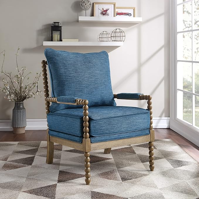 OSP Home Furnishings Fletcher Spindle Accent Chair with Rustic Brown Finish Navy Blue Upholstery