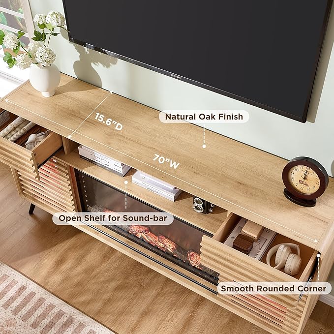 RedLemon Fireplace TV Stand for 80 Inch TV Mid Century Modern Entertainment Center with 36 Electric Fireplace &amp Led Lights Wood Media Console w/Slatted Sliding Doors for Living Room Natural Oa