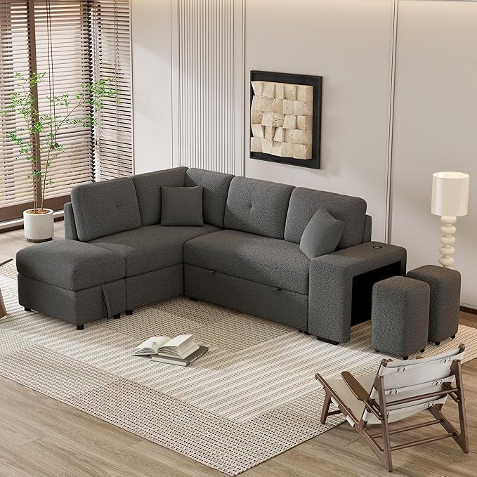 Upholstered L-Shaped Convertible Corner Sofa Couch with 2 Stools and 2 Throw Pillows Chenille Sectional Pull Out Sofa Bed with Storage Ottoman and 2 Hidden USB Ports for Living Room (Dark Grey-5)