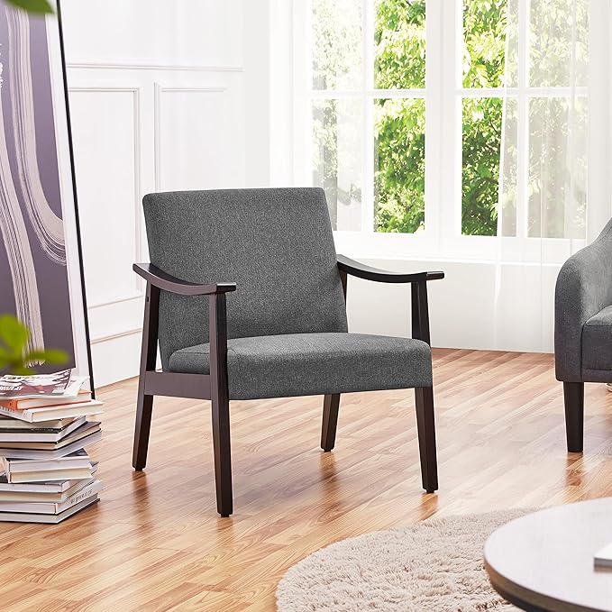 Topeakmart Leisure Accent Chair with Solid Wood Armrest and Feet Upholstered Side Accent Sofa Chair for Living Room/Bedroom/Waiting Room Dark Gray
