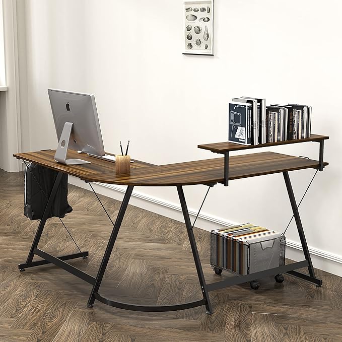 SHW 51 x 51 Inches Vista L-Shaped Desk with Monitor Stand and Drawer Walnut