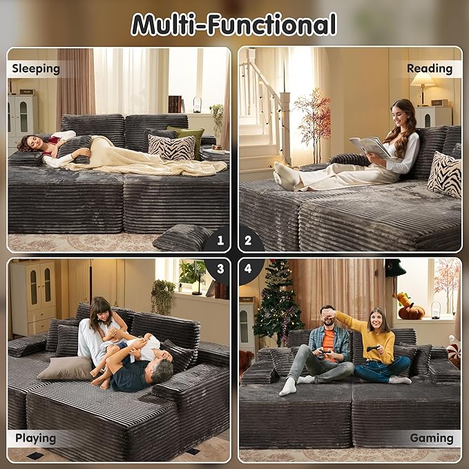 ovios 75 Oversized Sectional Double Lounge Chaise with Cloud Plush Sofa Bed No Assembly Required Fluffy Modern Sleeper Loveseat Chair for Indoor Living Room Bedroom Reading Black (Plush Fabric)