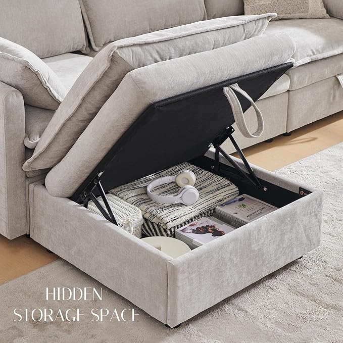 112.6 Sectional Couches for Living Room Cloud Couch Sectional with Large Storage U-Shape Modular Sectional Sofa with Ottoman 6 Seater Chenille Sofa with Pillow for Apartment Bedroom Light Gery