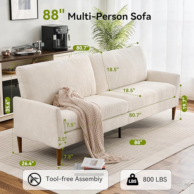 88 Loveseat Sofa Comfy White Corduroy Couches for Living Room Modern Oversized Love Seat Sofa Tool-Free Setup Large Couches for Bedroom Office