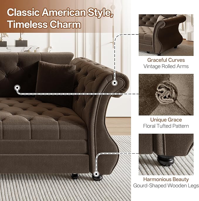 KEIKI 83.8 Classic Chesterfield Sleeper Sofa for Small Spaces Pull Out Velvet Couch with Rolled Arms Elegant Tufted Design