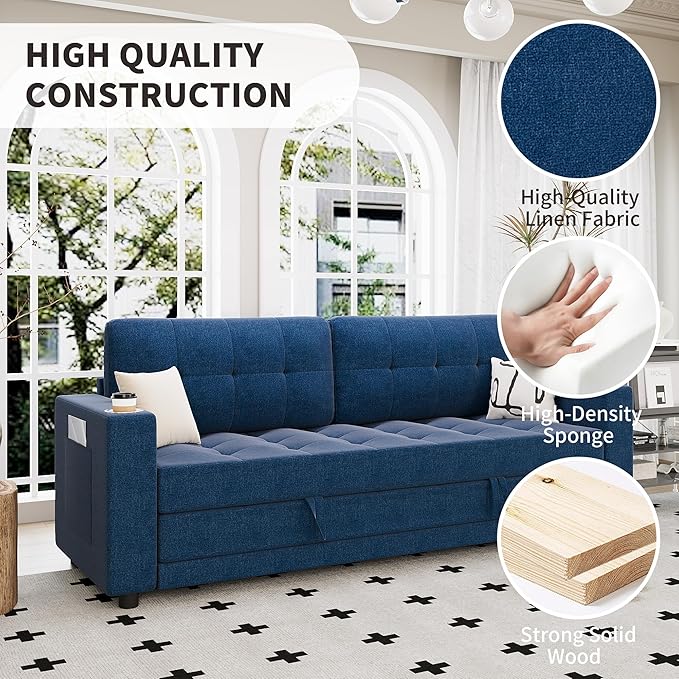 Upgraded Queen Size Futon Sofa Bed 83 Thick Upholstery Loveseat Sleeper Sofa Pull Out Couch Convertible Floor Couch for Bedroom/Entertainment Room/Apartment (Blue)