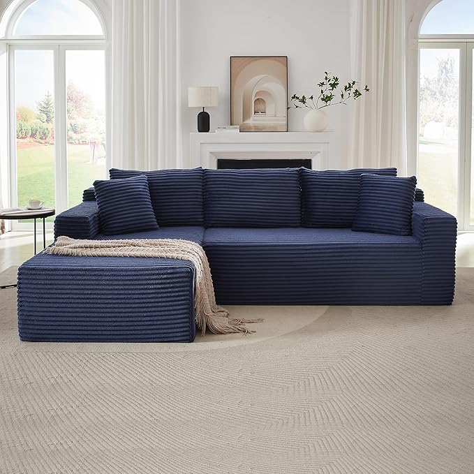 GNIXUU Cloud Sectional Couch with L-Shape Chaise Modern Modular Sofa with Deep Seat Comfy Corduroy Boneless Couches for Living Room Bedroom Apartments No Assembly Required Blue