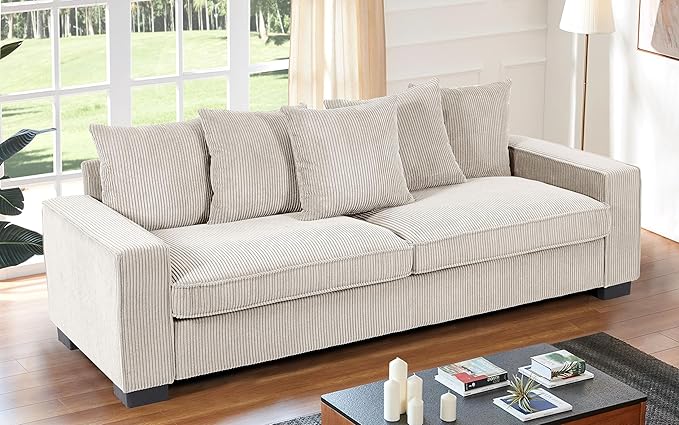 Luxe Corduroy Sofa with 5 Matching Toss Pillows Sleek Design Spacious and Comfortable 3 Seater Couch for Modern Living Room Large Ivory