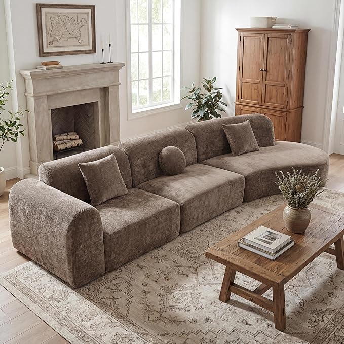 140 Modern Curved Sectional Sofa with High-Density Fully Compressed Sponge and Chaise Lounge 3-Piece Set Fully Assembled Right Hand Facing Perfect for Living RoomLounge (Brown#84)