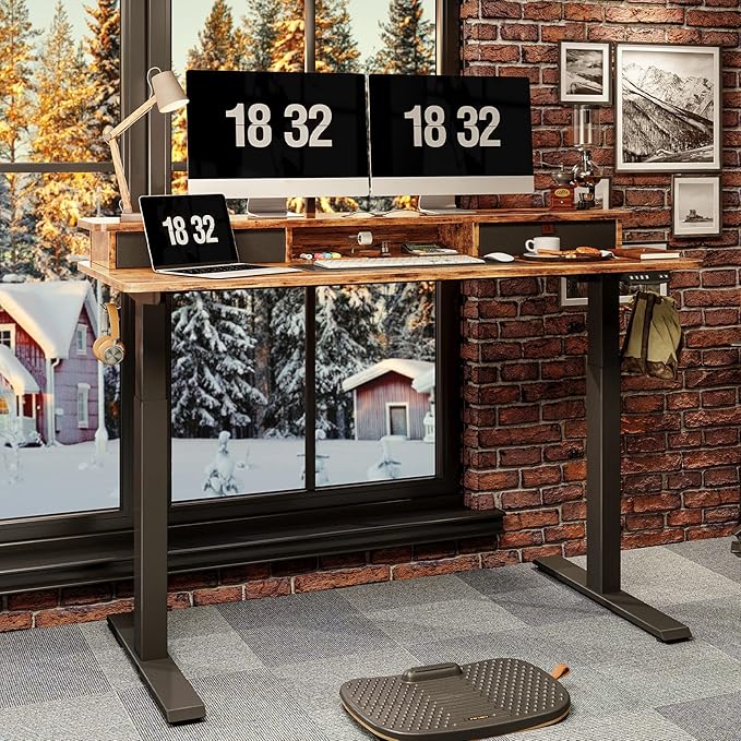 CubiCubi Electric Standing Desk with Double Drawers 55x24 Inch Height Adjustable Sit Stand Desk with Storage Shelf Home Office Computer Workstation Rustic Brown