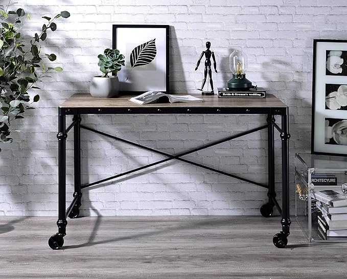 Rustic Oak &amp Black Writing Desk - Industrial Home Office Computer Desk