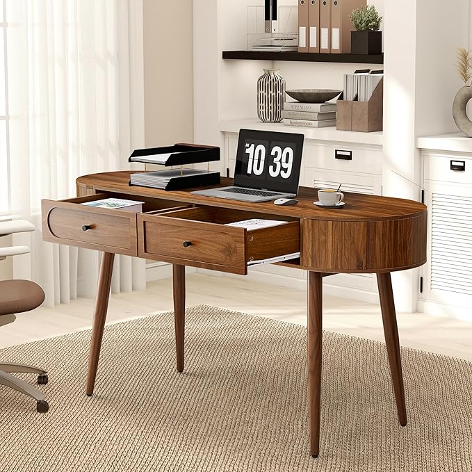 Mid-Century 59 Wood Writing Desk Home Office Computer Laptop Desk with 2 Flip Storage Space + 2 Drawer 150 CM Elegant Fluted Vanity Table Multifunctional Study Desk for Office Bedroom (Wlanut)