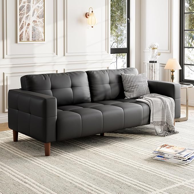 GarveeHome 3-Seater Sofa Couch 83 Wide Faux Leather Sofa Couch with Spring Cushion Modern Sofa with Deep Seats and 2 Removable Back Cushions for Living Room Apartment Office Modern Black