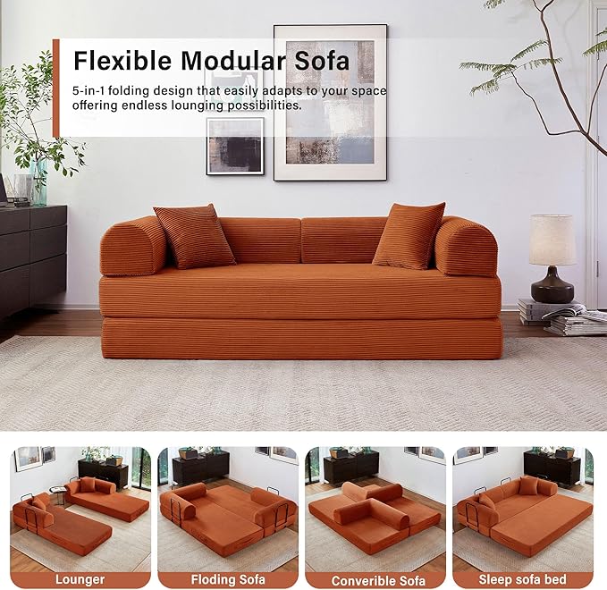 79 5-in-1 Folding Convertible Sofa Bed Oversized Corduroy Futon Floor Couch with Pull-Out Sleeper Modular Boneless Loveseat for Small Spaces Living Room Bedroom (Orange)